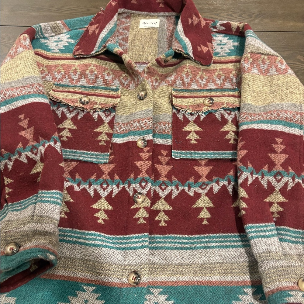 New in brand Aztec Tribal Print Southwestern Shacket with a Raw trim